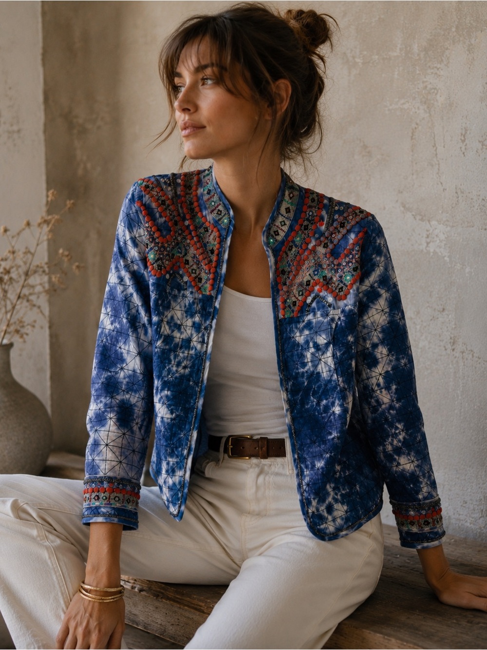 NEW Chico's Artisan Embellished Blue Tie Dye Quilted Jacket Small 4 Artsy Boho - Picture 13 of 16